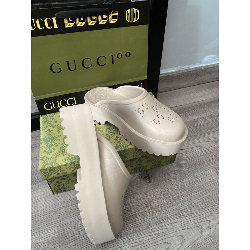 Dép sục GC - FREE SHIP - Đế xuồng 5cm nữ - Dép Gucci nữ màu trà sữa