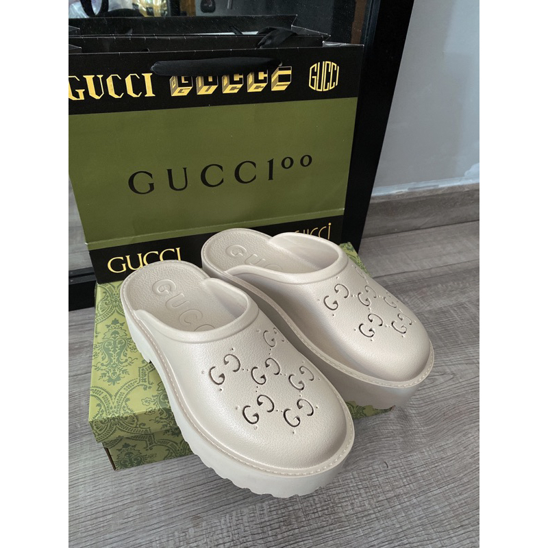 Dép sục GC - FREE SHIP - Đế xuồng 5cm nữ - Dép Gucci nữ màu trà sữa