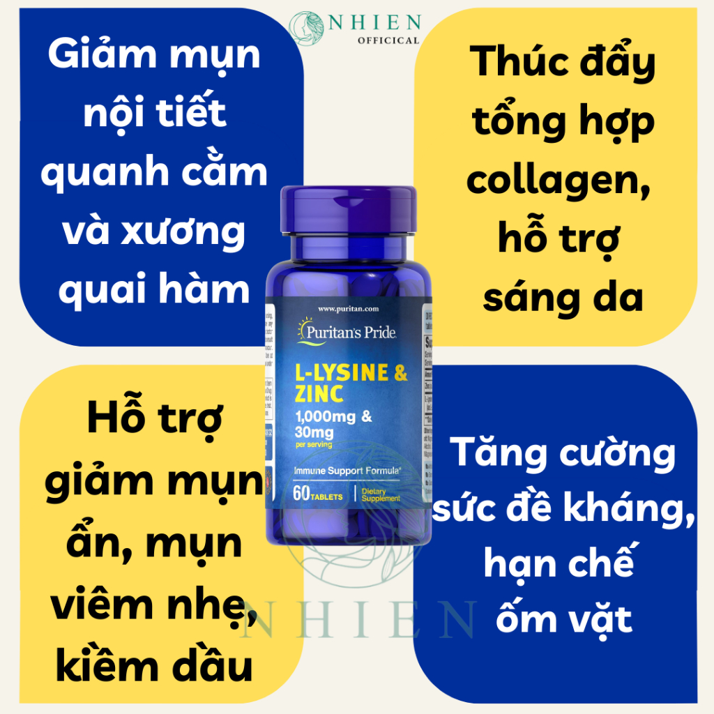 Viên uống giảm mụn nội tiết L-Lysine 1000mg kết hợp Zinc 30mg, giảm mụn ẩn, mụn viêm nhẹ, hỗ trợ kiềm dầu Puritan