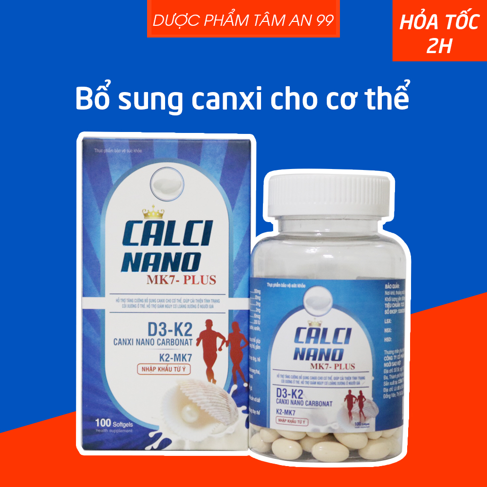 Viên uống Calci nano MK7 Plus (chai) bổ sung canxi co cơ thể giảm còi xương, loãng xương - Chai 100 viên