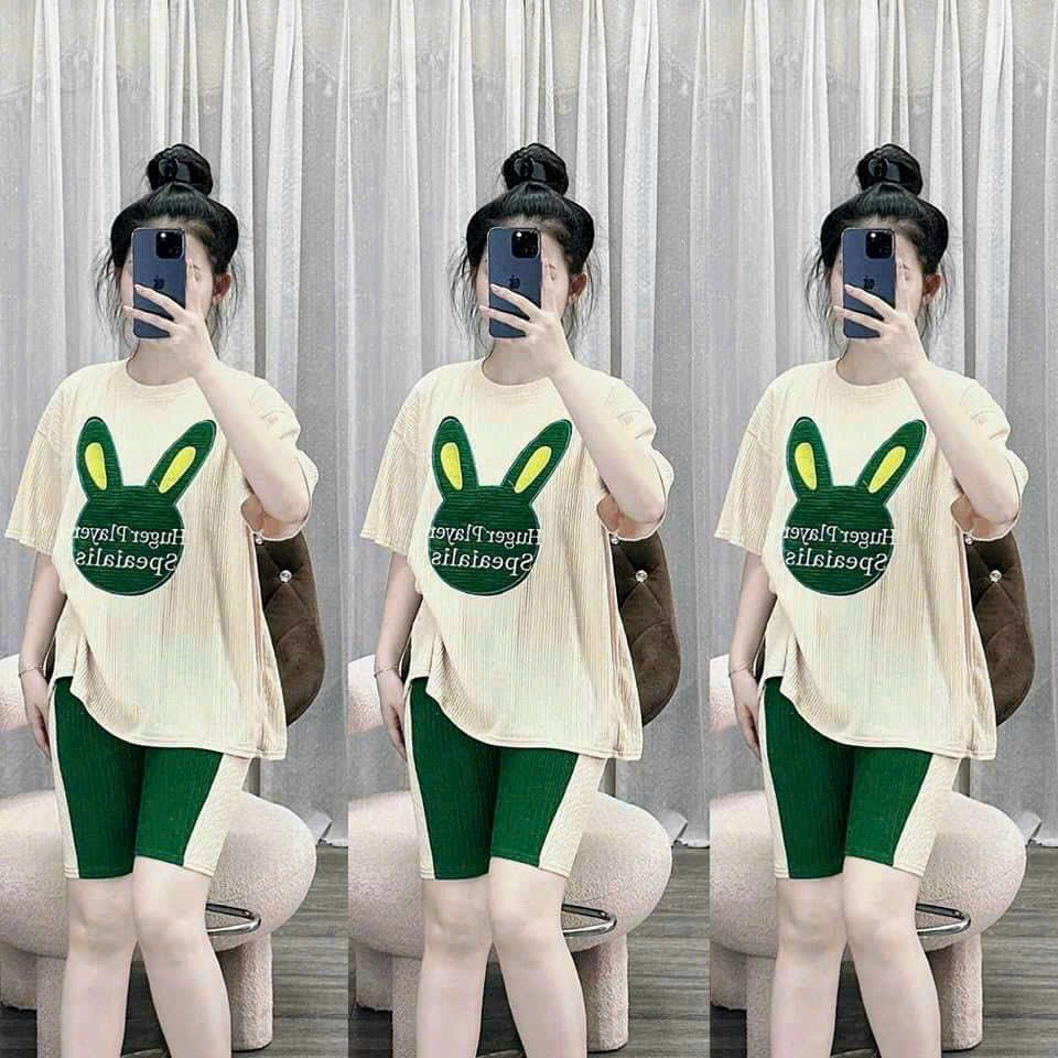 [7.7 Sales Freeship] Set bộ thun xốp nhật áo thun rộng tay ngắn thêu hình thỏ mix quần lửng ngố phối viền dễ thương