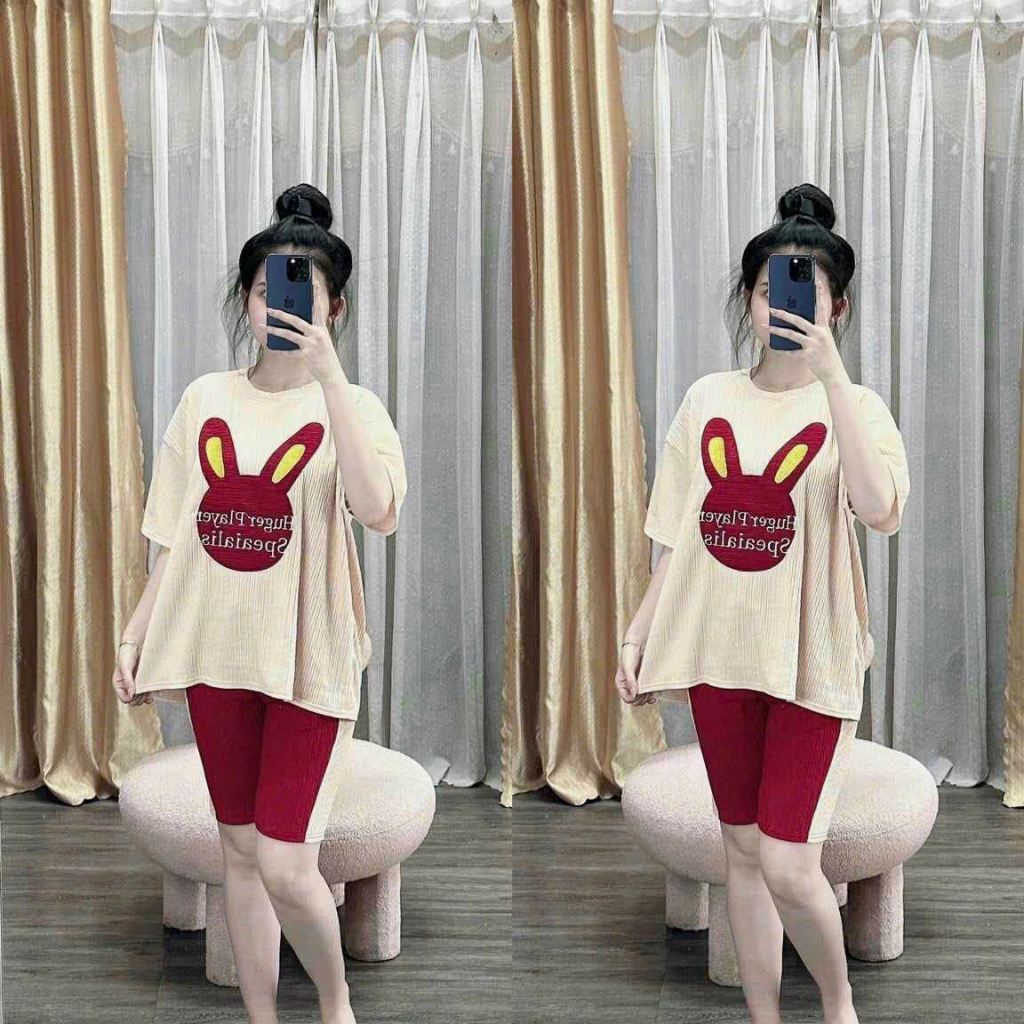 [7.7 Sales Freeship] Set bộ thun xốp nhật áo thun rộng tay ngắn thêu hình thỏ mix quần lửng ngố phối viền dễ thương