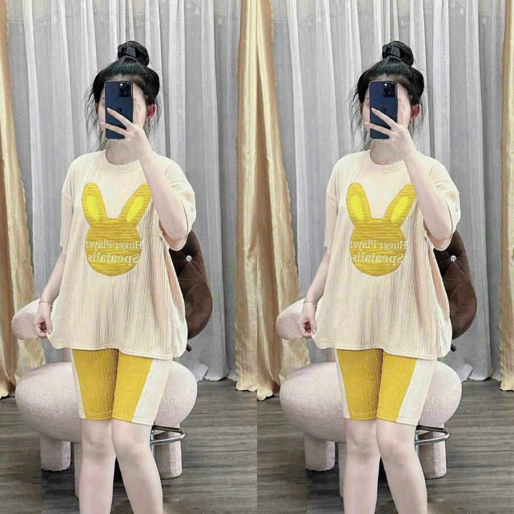 [7.7 Sales Freeship] Set bộ thun xốp nhật áo thun rộng tay ngắn thêu hình thỏ mix quần lửng ngố phối viền dễ thương
