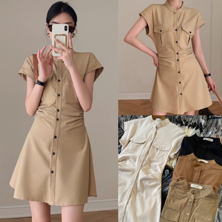 Đầm sơ mi tay ngắn cổ trụ tay hến 2 túi trước nút đen 4 màu freesize Pumi 14672