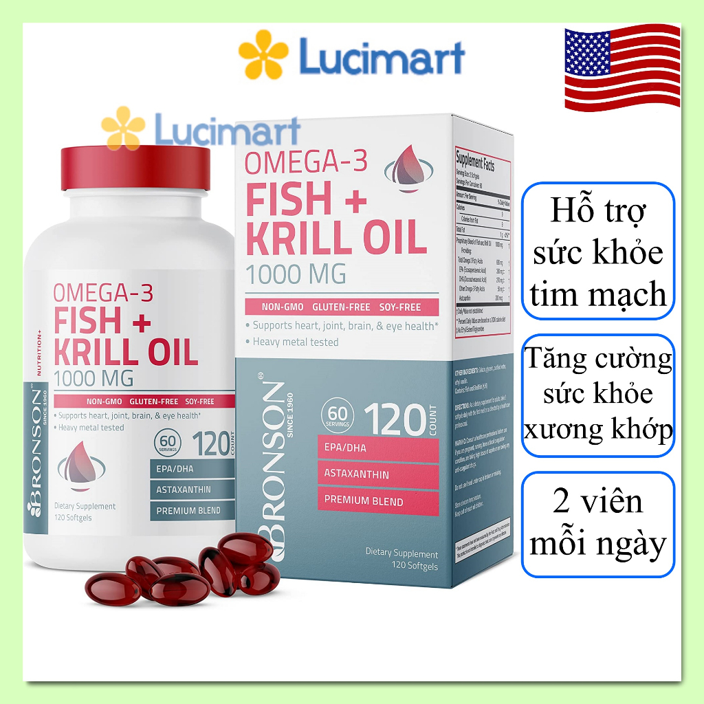 Viên uống dầu nhuyễn thể Omega-3 Fish + Krill Oil 1000mg Bronson hộp 120 viên [Hàng Mỹ]