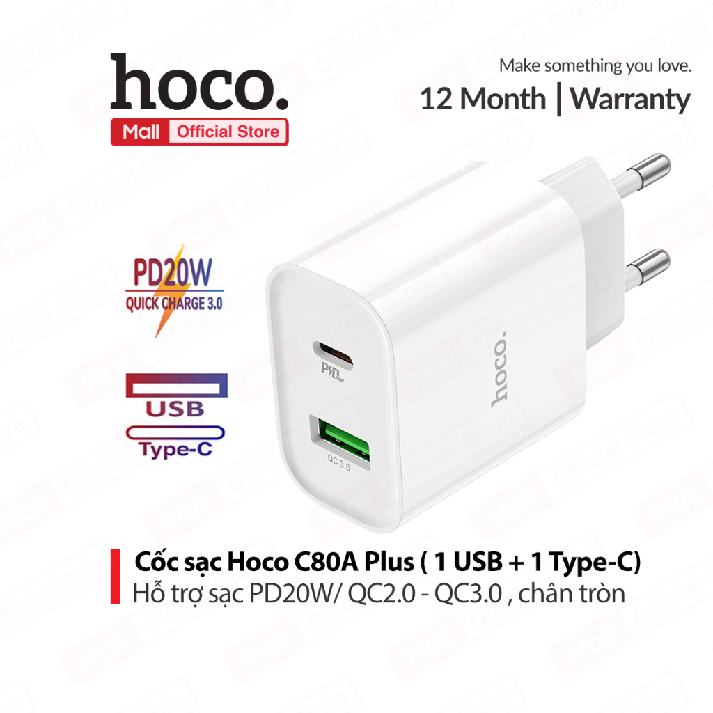 Củ sạc nhanh 20W Hoco C80A Plus 1 cổng USB/ 1 cổng Type-C hỗ trợ sạc 18W - PD 20W , chân tròn