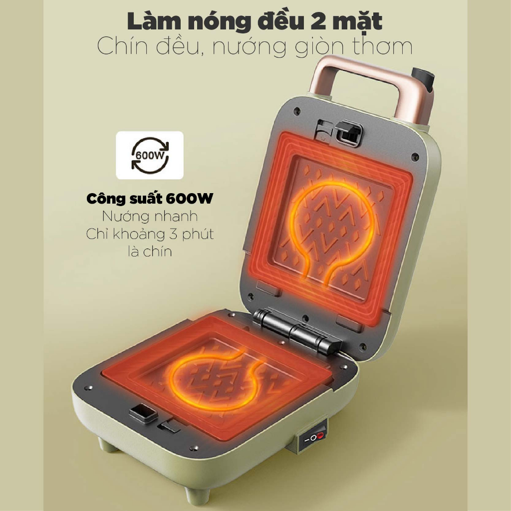 Máy Kẹp Nướng Bánh Mì, Sandwich Đa Năng Bear DBC C06M1, 600W, Làm Bánh Waffle, Hình DángThú, Hàng Chính Hãng, BH 18th