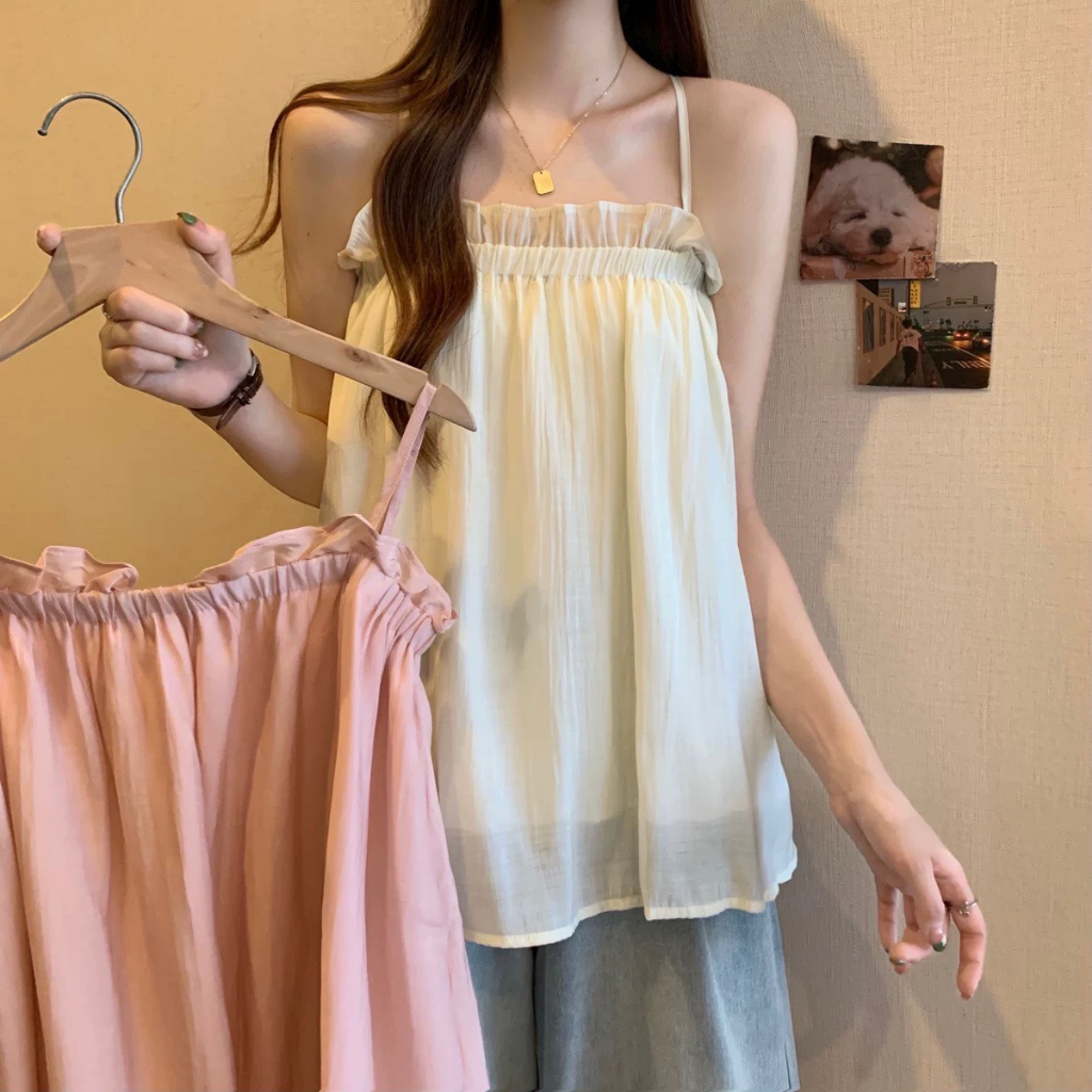 Áo hai dây bản nhỏ 2 lớp có lót kiểu babydoll phối nhún ngực chất đũi mát màu pastel kiểu hàn DELIZ