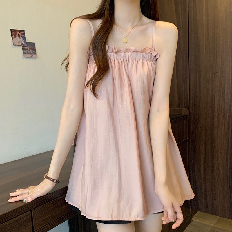 Áo hai dây bản nhỏ 2 lớp có lót kiểu babydoll phối nhún ngực chất đũi mát màu pastel kiểu hàn DELIZ