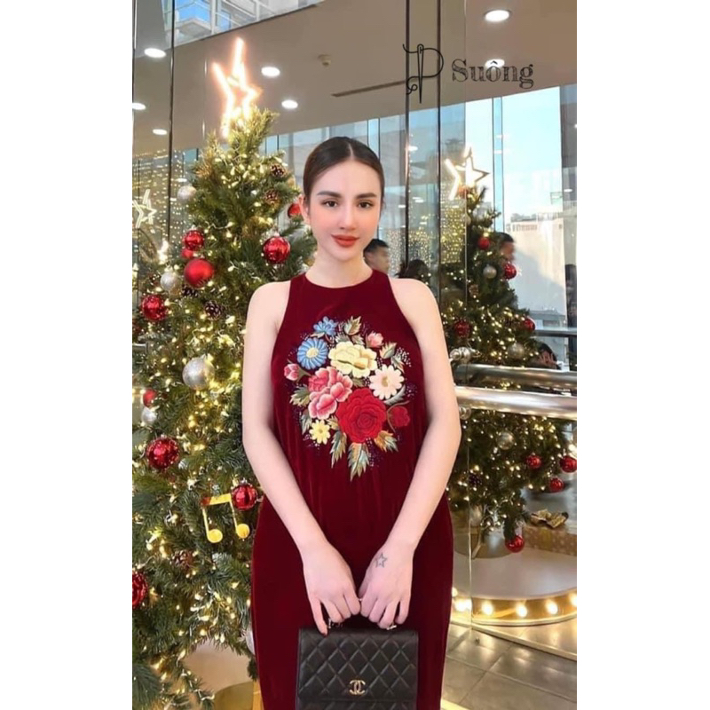 Váy nhung the thêu cao cấp sát nách mẫu mới
