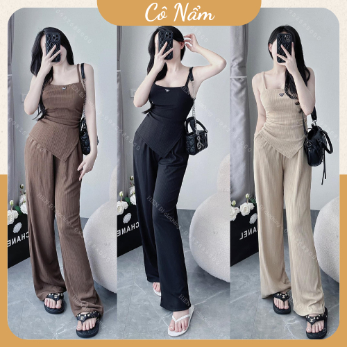 Set Bộ Nữ Áo 2 Dây Dúm Eo Lệch Vạt Mix Quần Suông Dài Ống Rộng Freesize