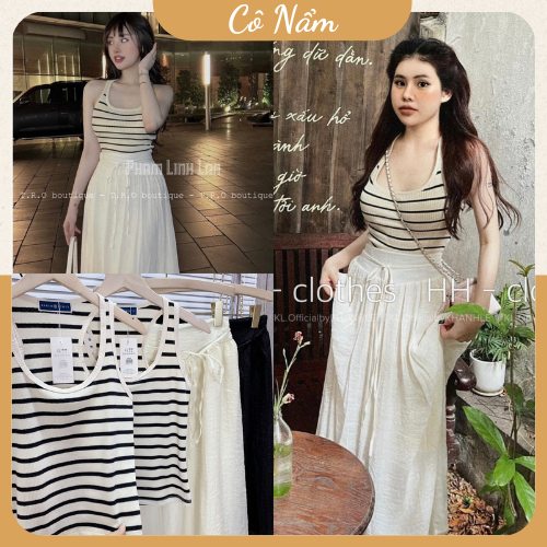 Set Bộ Nữ Áo Balo Sát Nách Kẻ Ngang Len Tăm Mix Chân Váy Tơ 2 Lớp Dáng Dài Có Lót Trong Freesize
