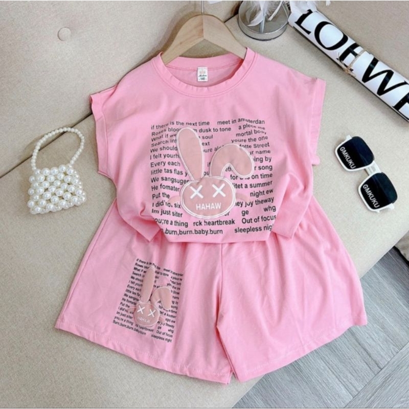 Bộ tay hến bé gái quần váy in thỏ chất cotton mịn mát co dãn 18-30kg