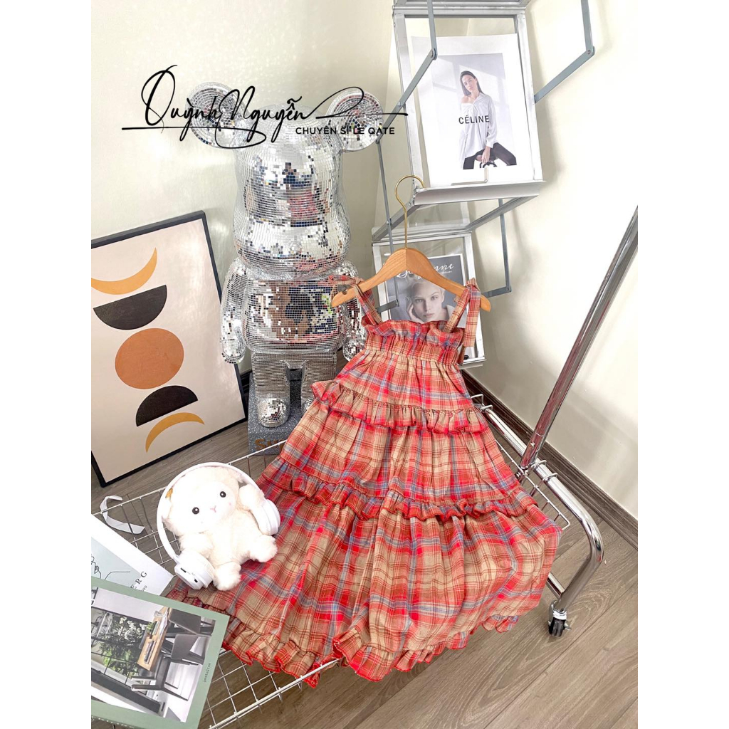 Váy kẻ 2 dây cao cấp cho bé gái size đại 18kg đến 43kg