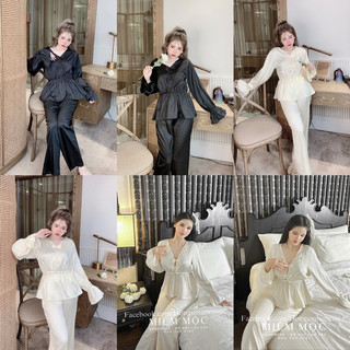 Bộ Ngủ Pijama mặc nhà xước dài tay bánh bèo nơ