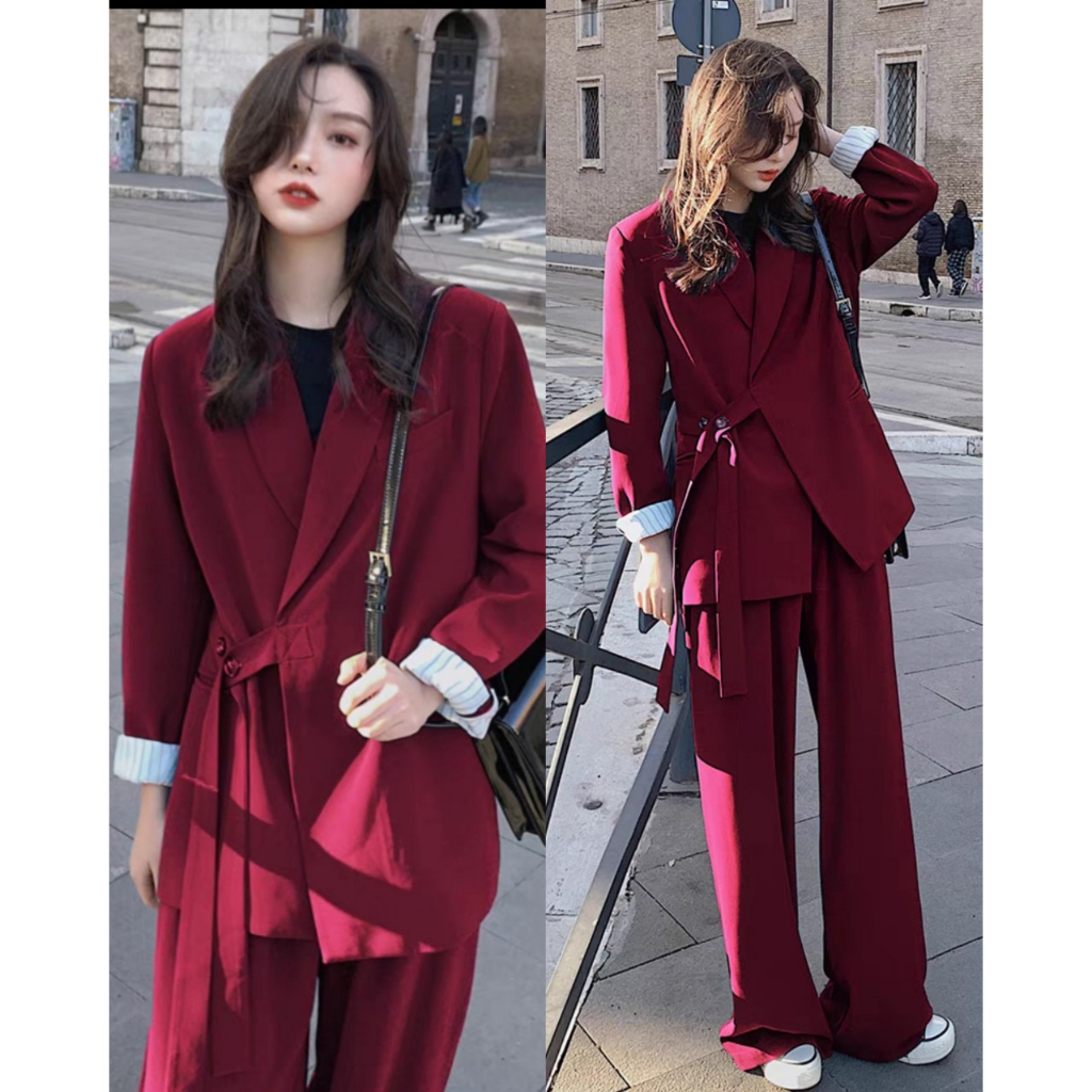 Sẵn Xanh lục-M(Hàng Đẹp)Ảnh thật 6 hình cuối-HC404.Set áo blazer kèm quần suông rộng Ulzzang