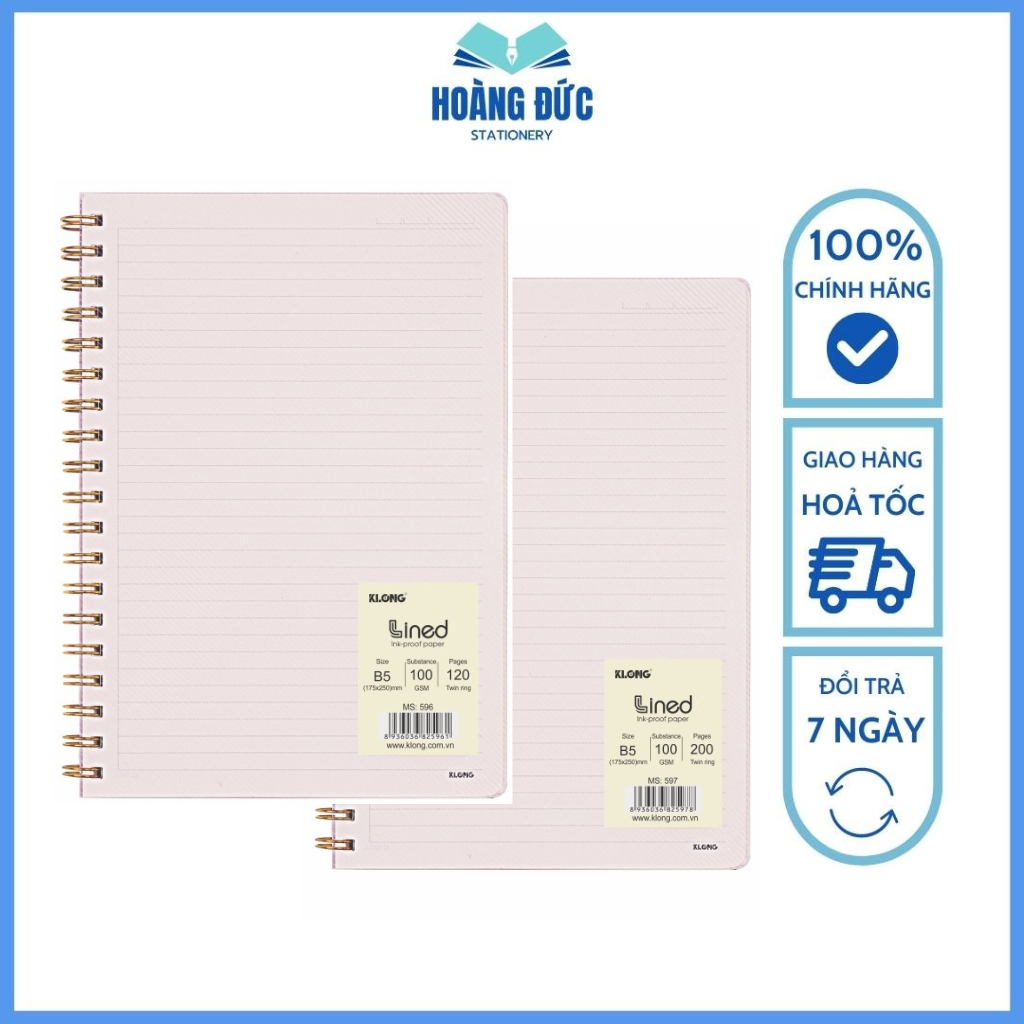 Vở kẻ ngang Klong - Vở Dash Line lò xo kép bìa nhựa 2 mặt B5 120tr-596, B5 200tr-597; A5 - 594, A5 -,595 - Hoàng Đức