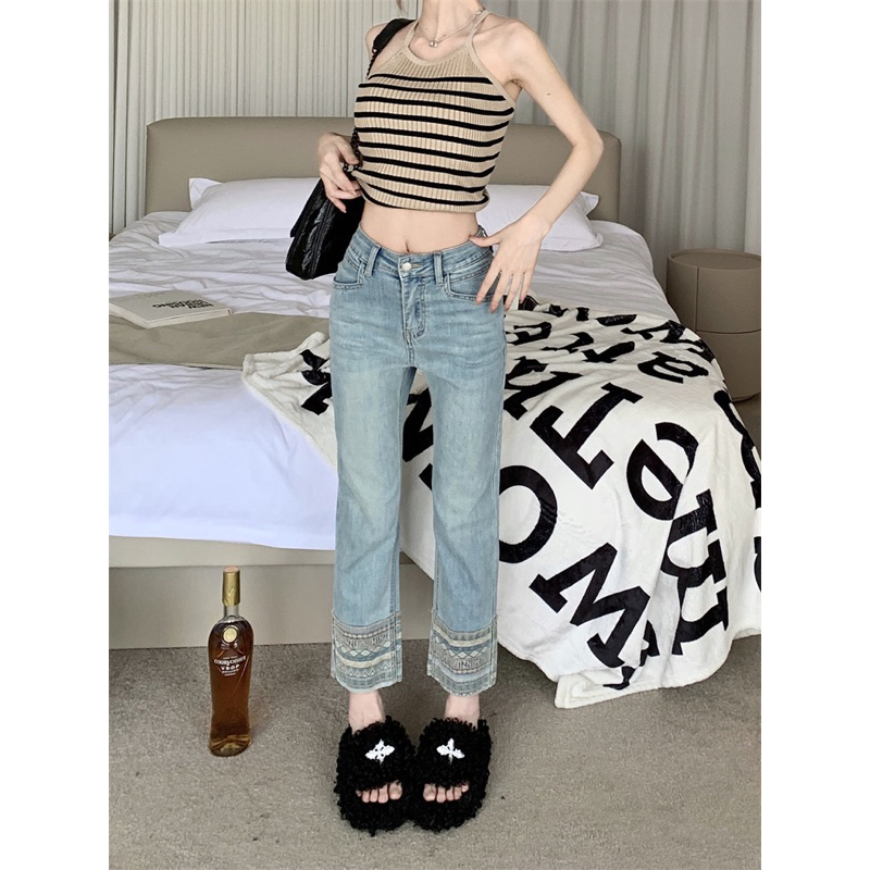 Quần Jeans Ống Đứng Phối Hoạ Tiết Thổ Cẩm Hàng QCL1