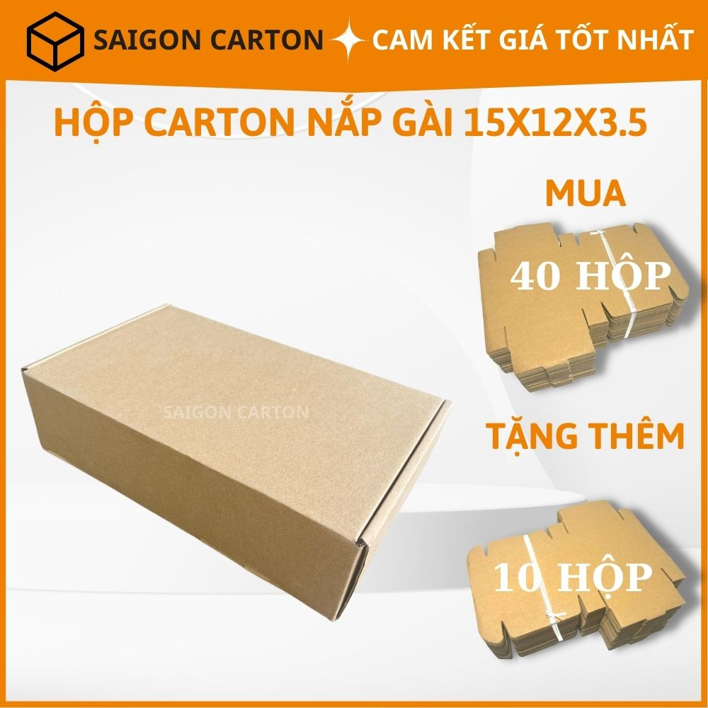 Hộp carton đóng gói hàng cho shop online  NẮP GÀI size 15x12x3.5NG cm - Mua 40 tặng 10 - sản xuất bởi SÀI GÒN CARTON