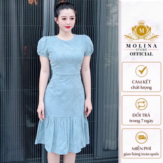 Đầm Thiết Kế Dáng Đuôi Cá Nữ Molina Cổ Tròn Tay Bồng Họa Tiết Hoa Dập, Chất Liệu Kate Cao Cấp