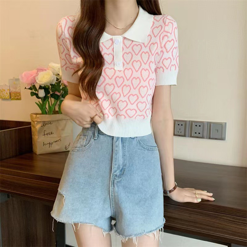 Áo croptop nữ Themei1992 dệt kim tay ngắn cổ polo dáng ôm thời trang mùa hè quyến rũ 2023