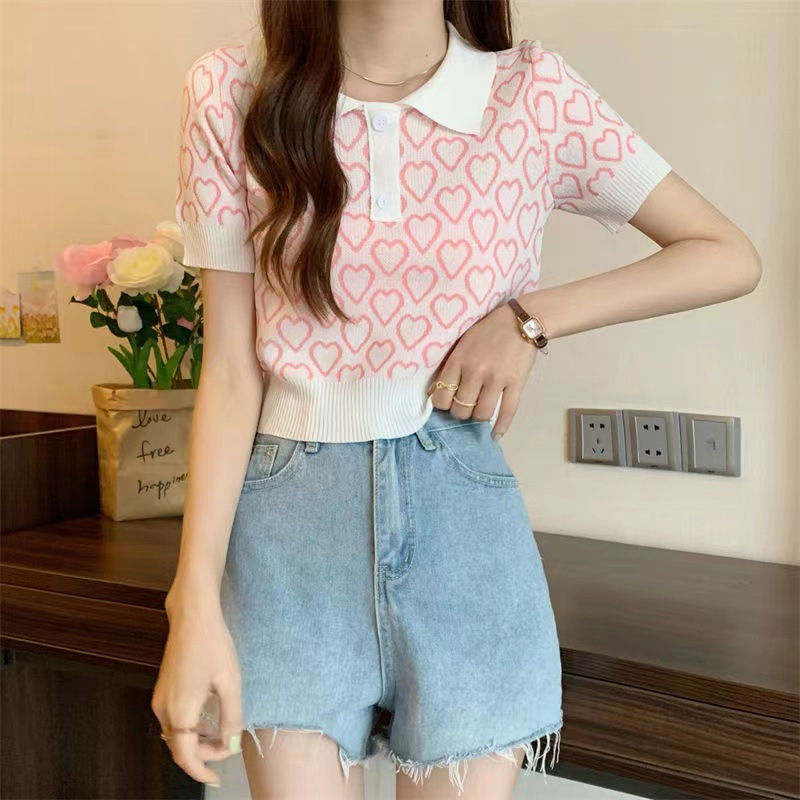Áo croptop nữ Themei1992 dệt kim tay ngắn cổ polo dáng ôm thời trang mùa hè quyến rũ 2023