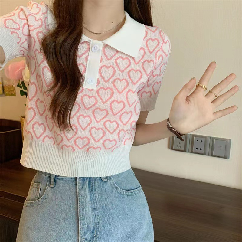 Áo croptop nữ Themei1992 dệt kim tay ngắn cổ polo dáng ôm thời trang mùa hè quyến rũ 2023