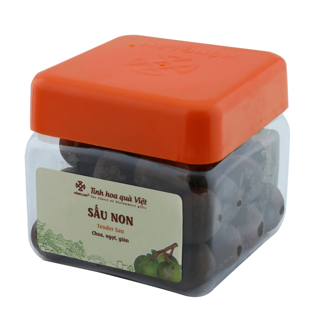 Ô mai (xí muội) sấu non Hồng Lam, gói (200gr, 300gr, 500gr), túi zip (100gr). Có vị chua, ngọt, giòn hộp