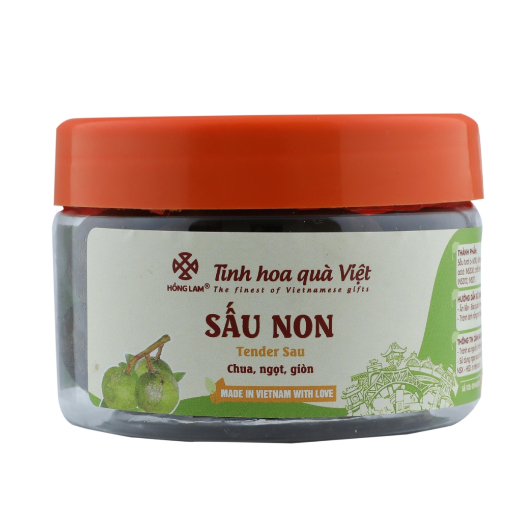 Ô mai (xí muội) sấu non Hồng Lam, gói (200gr, 300gr, 500gr), túi zip (100gr). Có vị chua, ngọt, giòn hộp