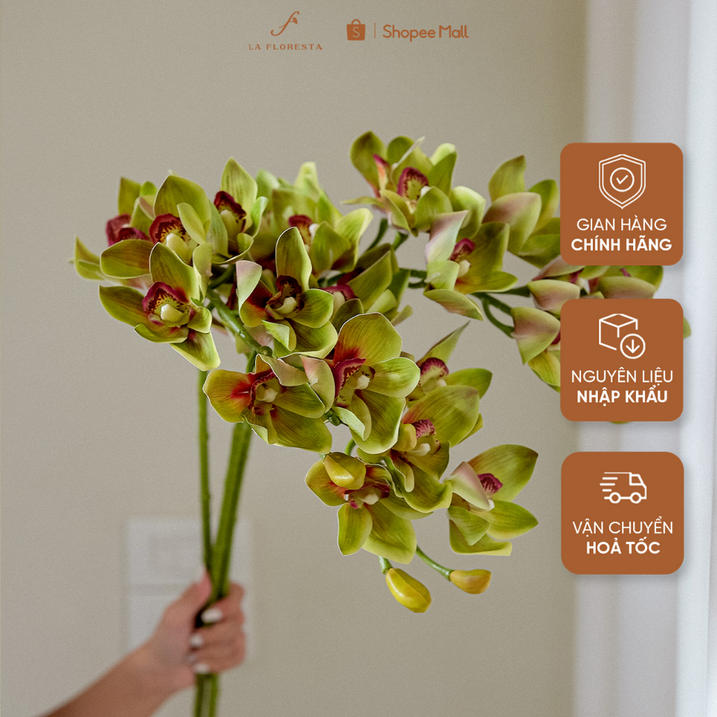 Cành địa lan 10 bông cánh nhọn cao su LA FLORESTA phù hợp cắm bình trang trí phòng khách, đại sảnh văn phòng công ty