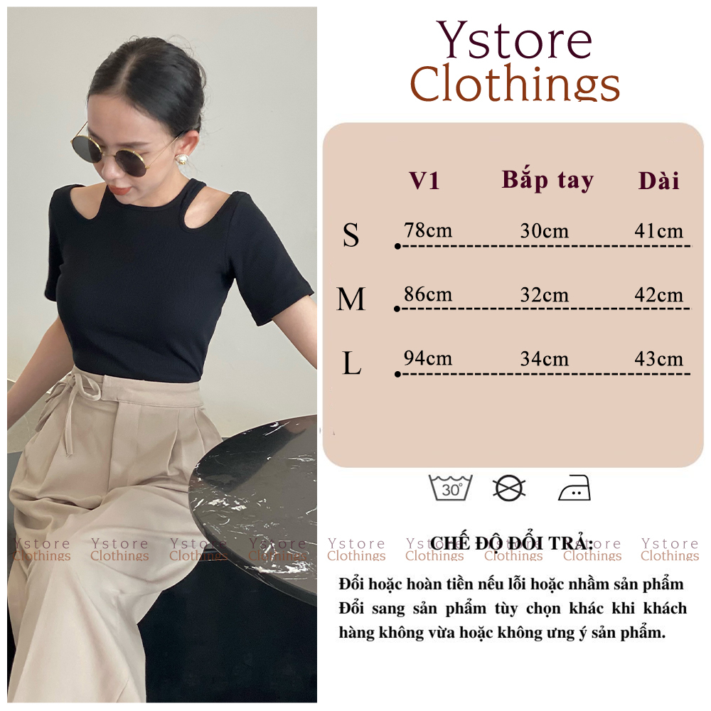 Áo Thun Nữ Ngắn Tay Cổ Tròn Ôm Gân Thiết Kế Khoét Vai Độc Đáo Tôn Dáng - Thời Trang Hàn Quốc - Ystore Clothings
