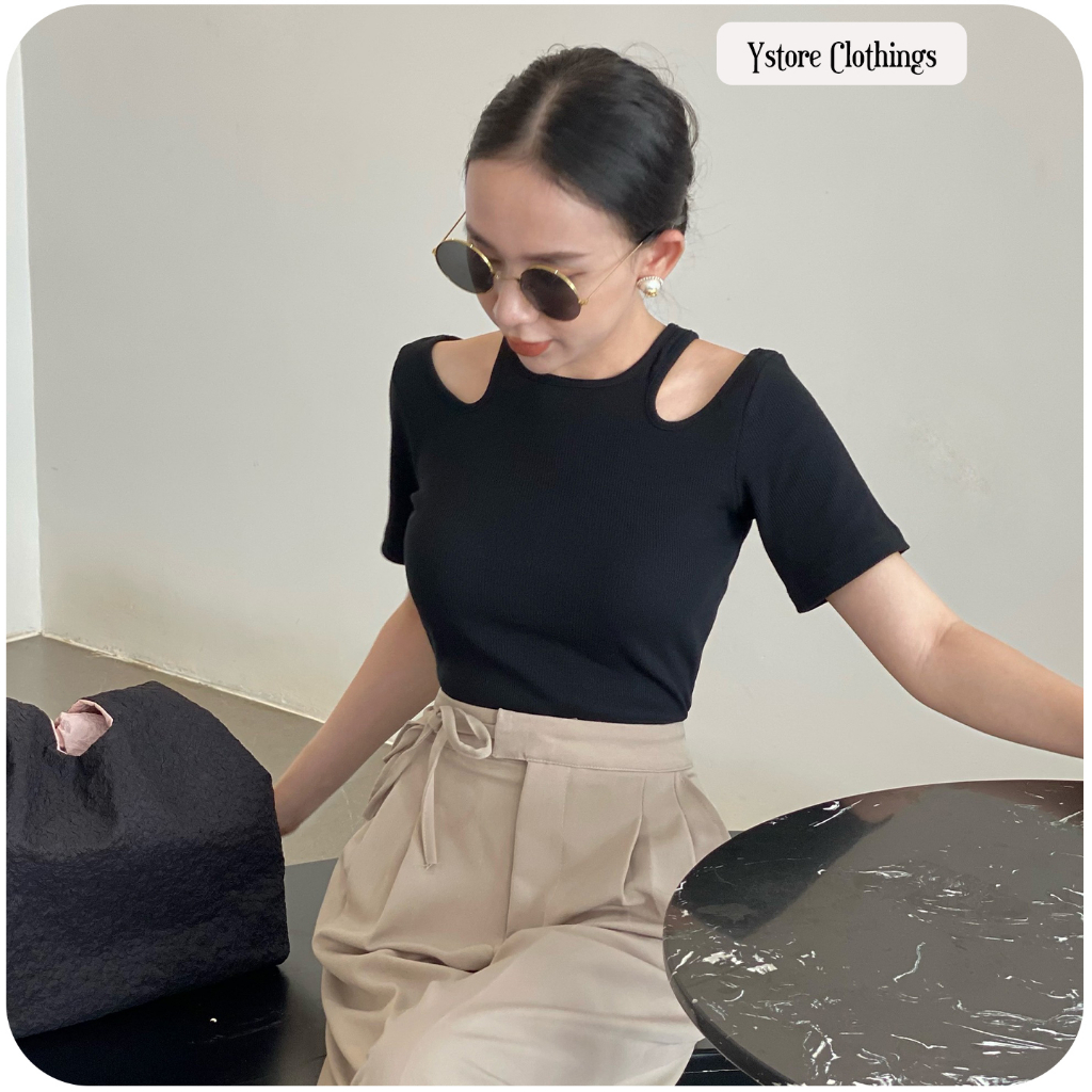 Áo Thun Nữ Ngắn Tay Cổ Tròn Ôm Gân Thiết Kế Khoét Vai Độc Đáo Tôn Dáng - Thời Trang Hàn Quốc - Ystore Clothings