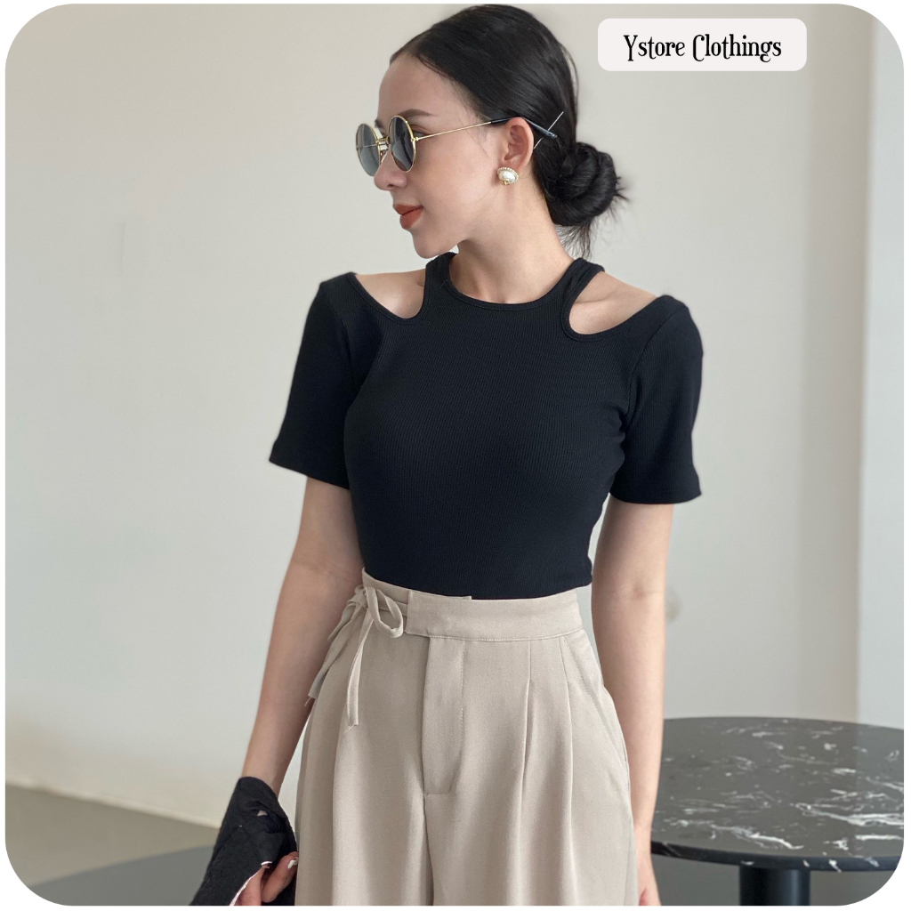 Áo Thun Nữ Ngắn Tay Cổ Tròn Ôm Gân Thiết Kế Khoét Vai Độc Đáo Tôn Dáng - Thời Trang Hàn Quốc - Ystore Clothings