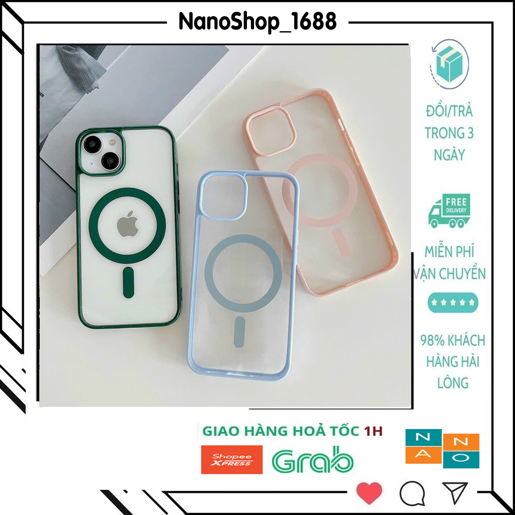 Ốp Lưng iPhone Trong Suốt Từ Tính Magentic Case Cạnh Vuông Sạc Không Dây iP 12,13,14,Pro,Promax