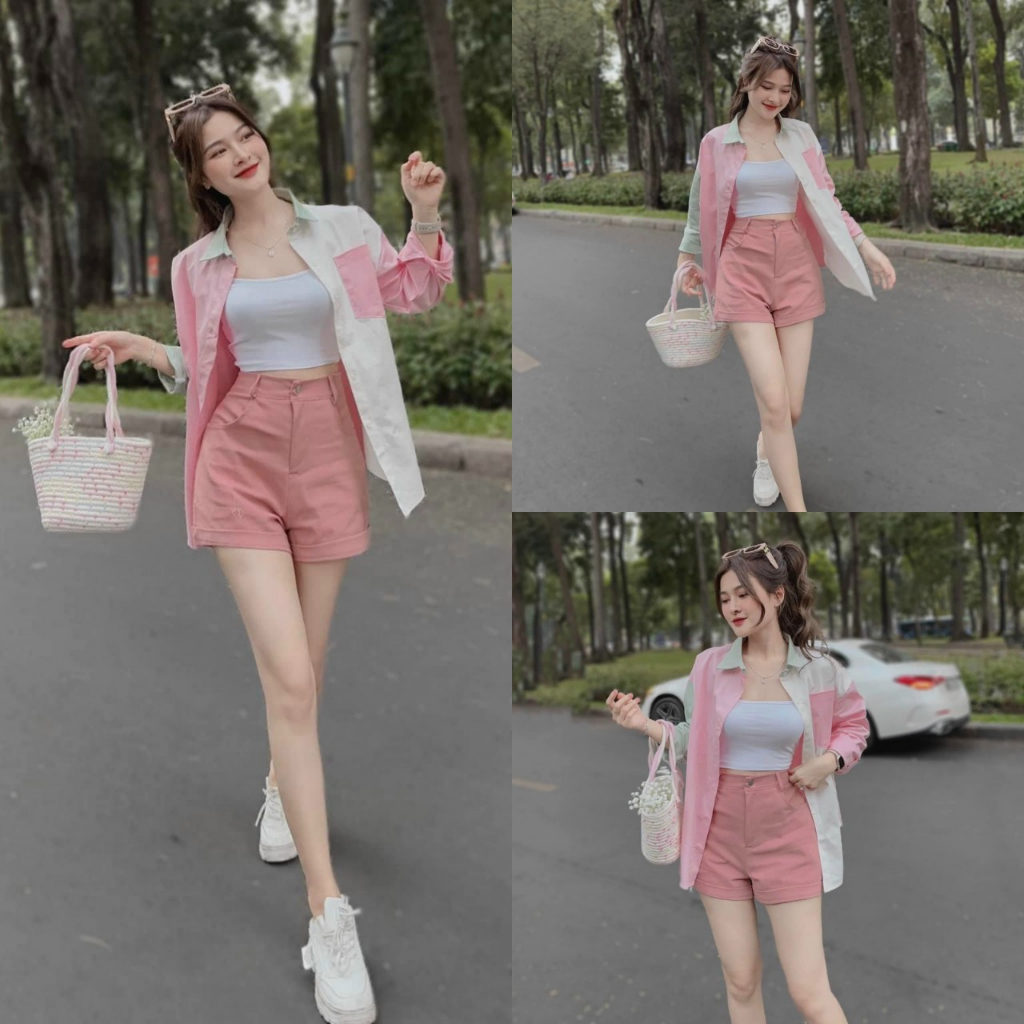 Sét 3 món áo sơ mi kiểu tay dài kèm áo lót và quần đùi siêu dễ thương