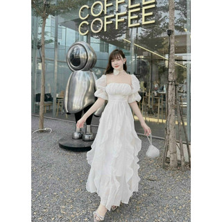 Đầm váy maxi bèo cổ nơ hoa dáng xòe xếp bèo trễ vai tay bồng sang trọng