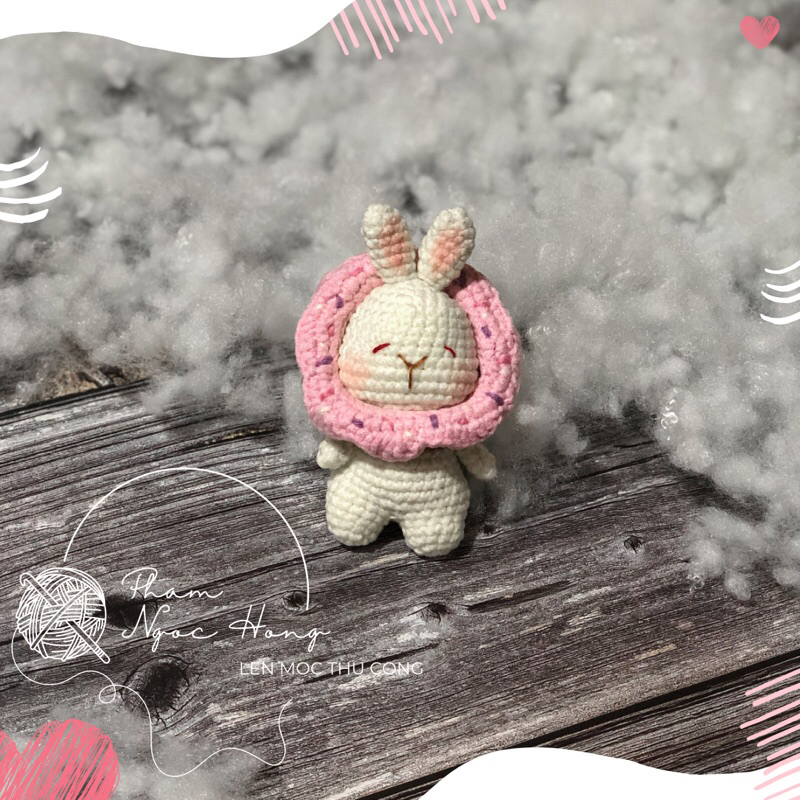 Thỏ đội bánh donut, thỏ len, len móc thủ công