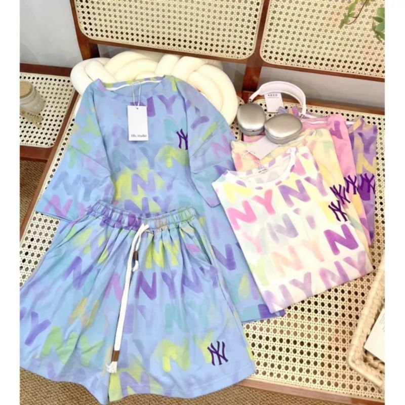 Set đồ bộ nữ áo phông quần short đùi in YN, Bộ cộc tay caro nữ form rộng, Bộ thể thao nữ mặc mùa hè
