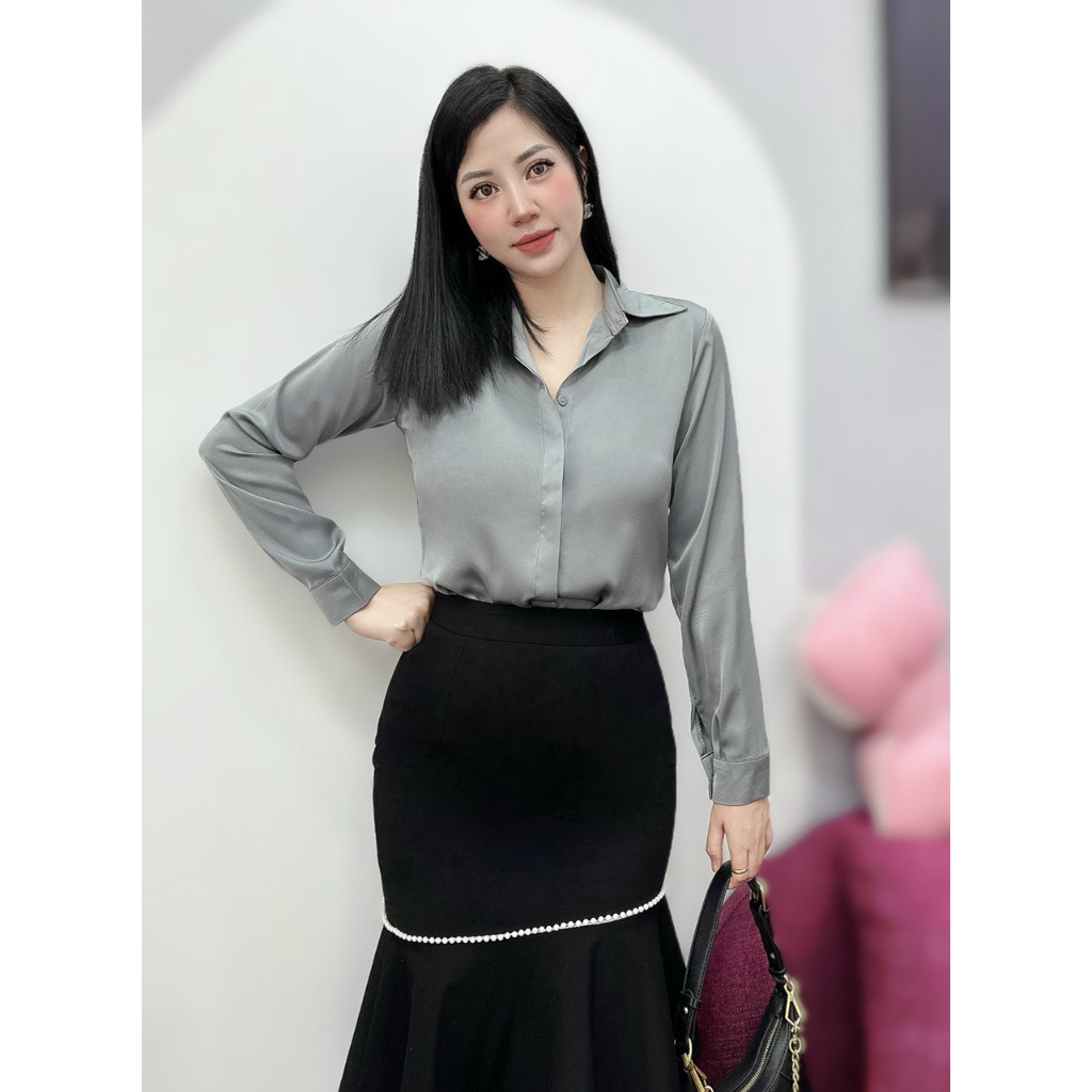 Áo lụa sơ mi nữ công sở đẹp thiết kế sang chảnh trơn dáng cơ bản nẹp dấu cúc thiết kế MQ Boutique