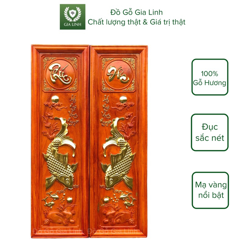 Bộ tranh Phúc Đức Lý ngư vọng nguyệt Đồ Gỗ Gia Linh gỗ Hương đỏ dát vàng