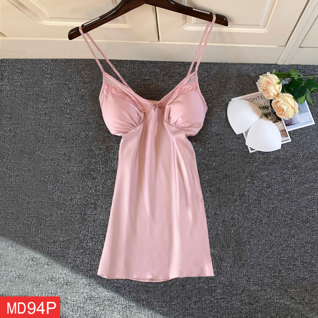 Váy Ngủ Hai Dây Lụa Satin Phối Ren Hisexy MD94