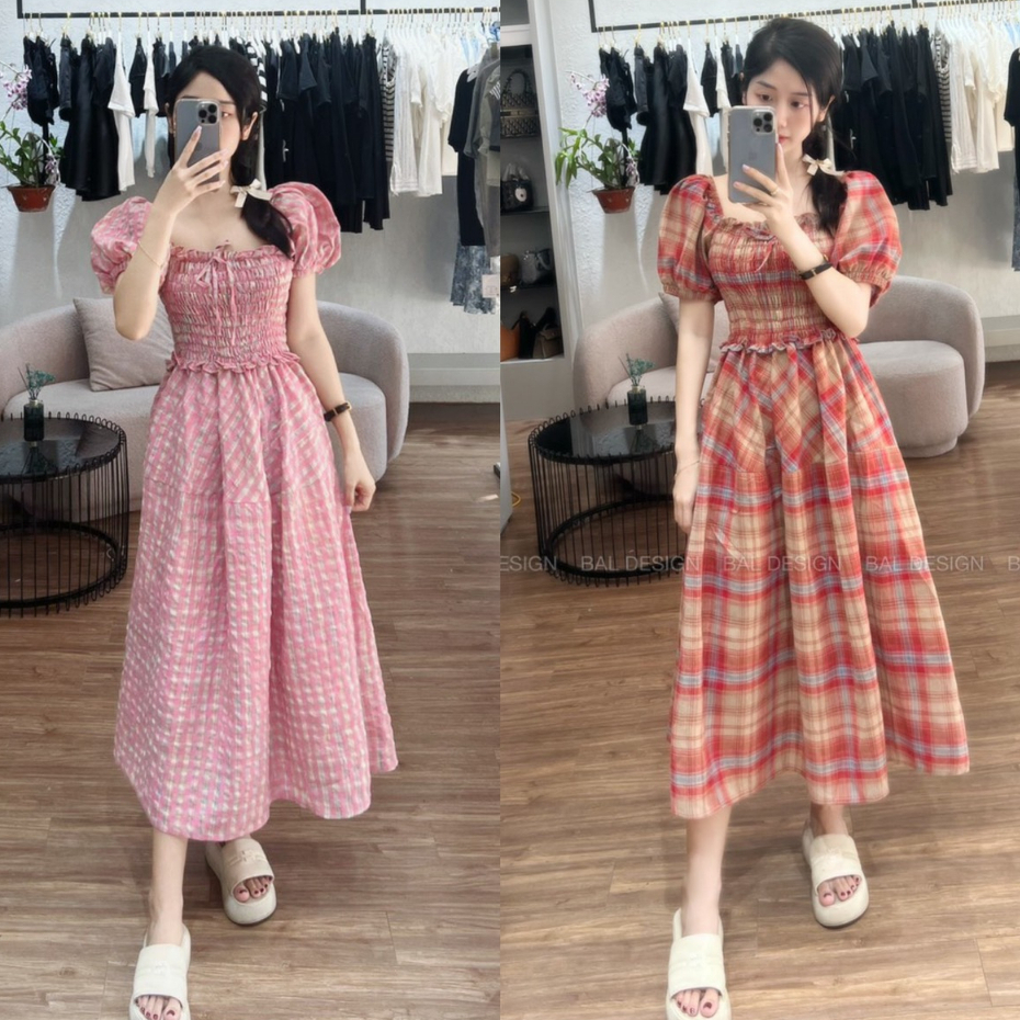 ( Bán sỉ): Váy kẻ caro 2 màu quảng châu chạy chun tay bồng form dáng maxi