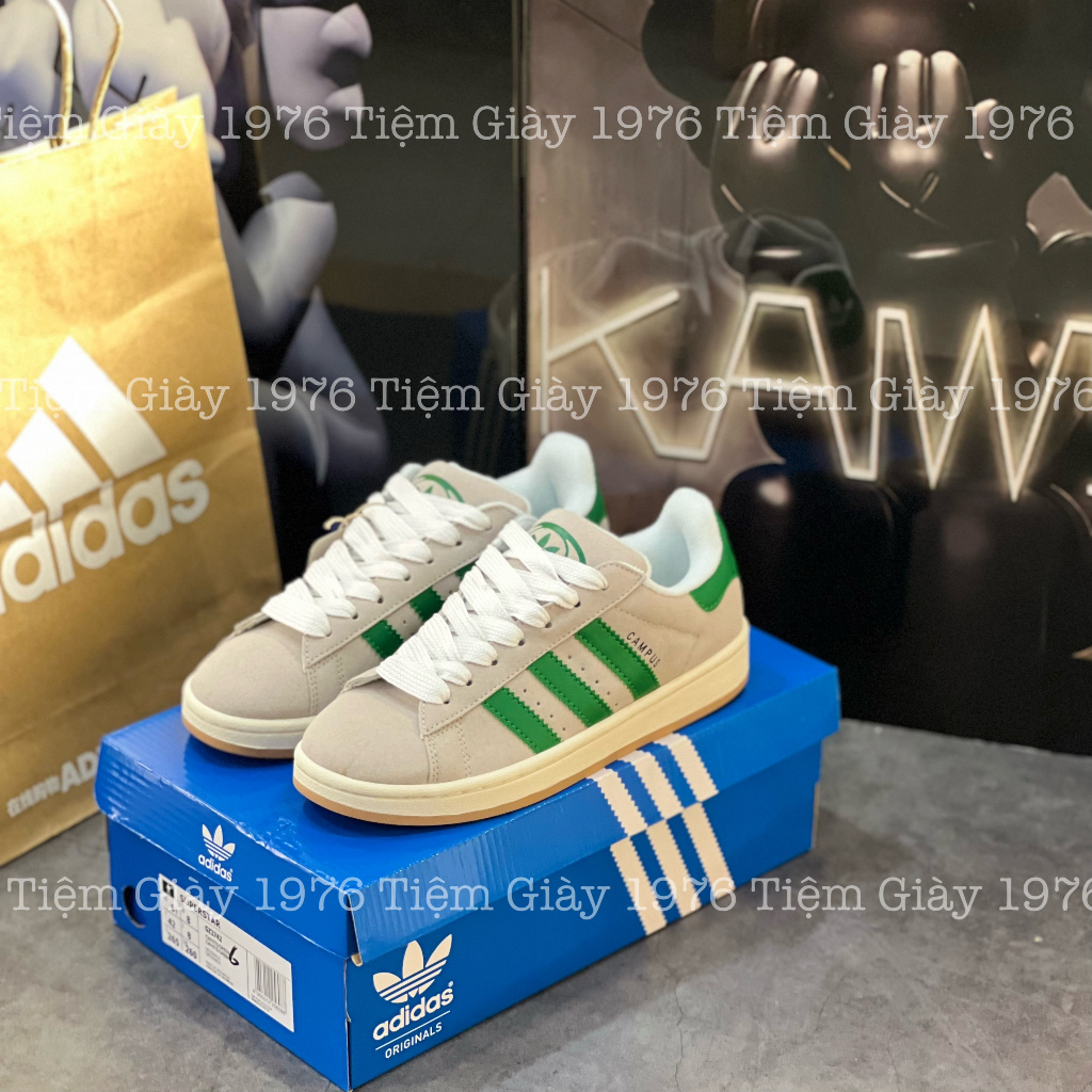 Giày Thể Thao Adidas Nam Nữ Campus Xám Sọc Xanh Lá Adidas Originals Campus Beige Green
