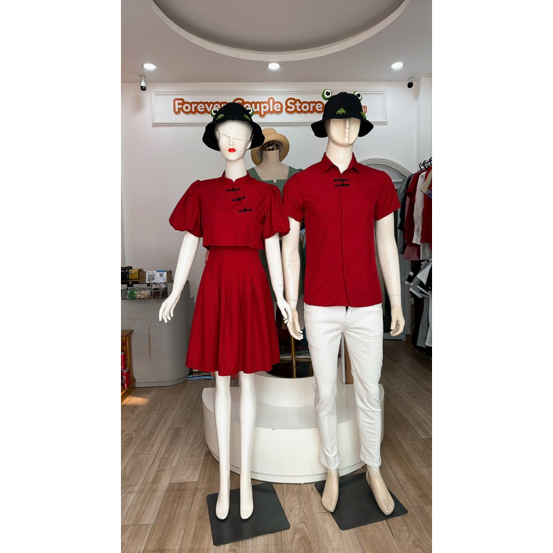 (Nữ form to max 73kg) Đồ đôi đỏ phối tàu tay bồng xếp ly xinh xắn - Đồ đôi Forever Couple Store | Tiệm Đồ Đôi