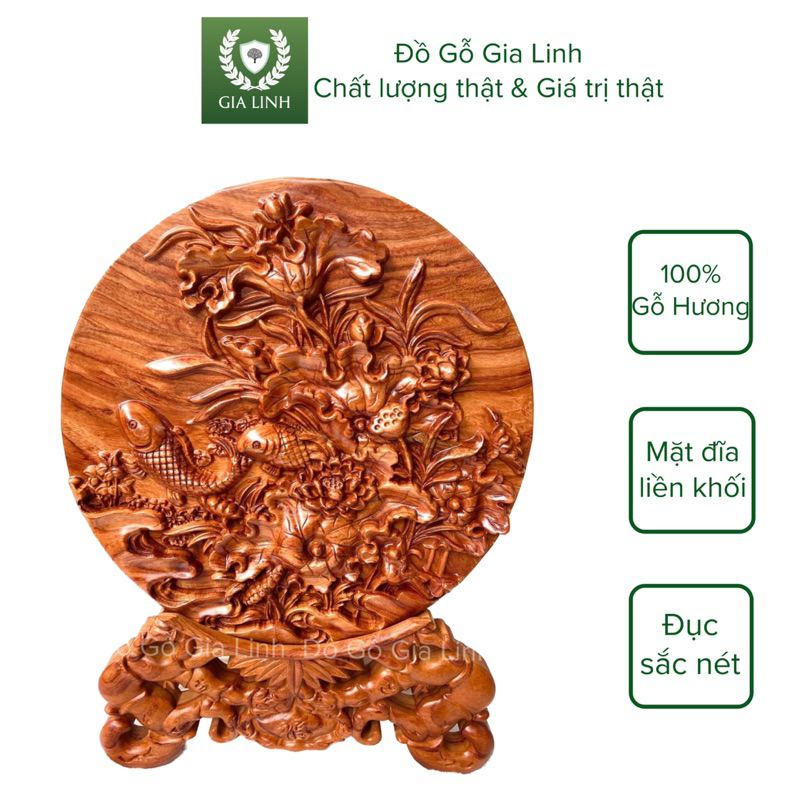 Đĩa gỗ Sen cá Đồ Gỗ Gia Linh gỗ Hương đá liền khối kèm chân đế