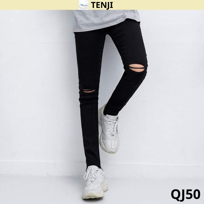 Quần jean nam rách gối đen đậm trơn chất liệu bò cao cấp co dãn 4 chiều form dáng skinny QJ50 mẫu mới