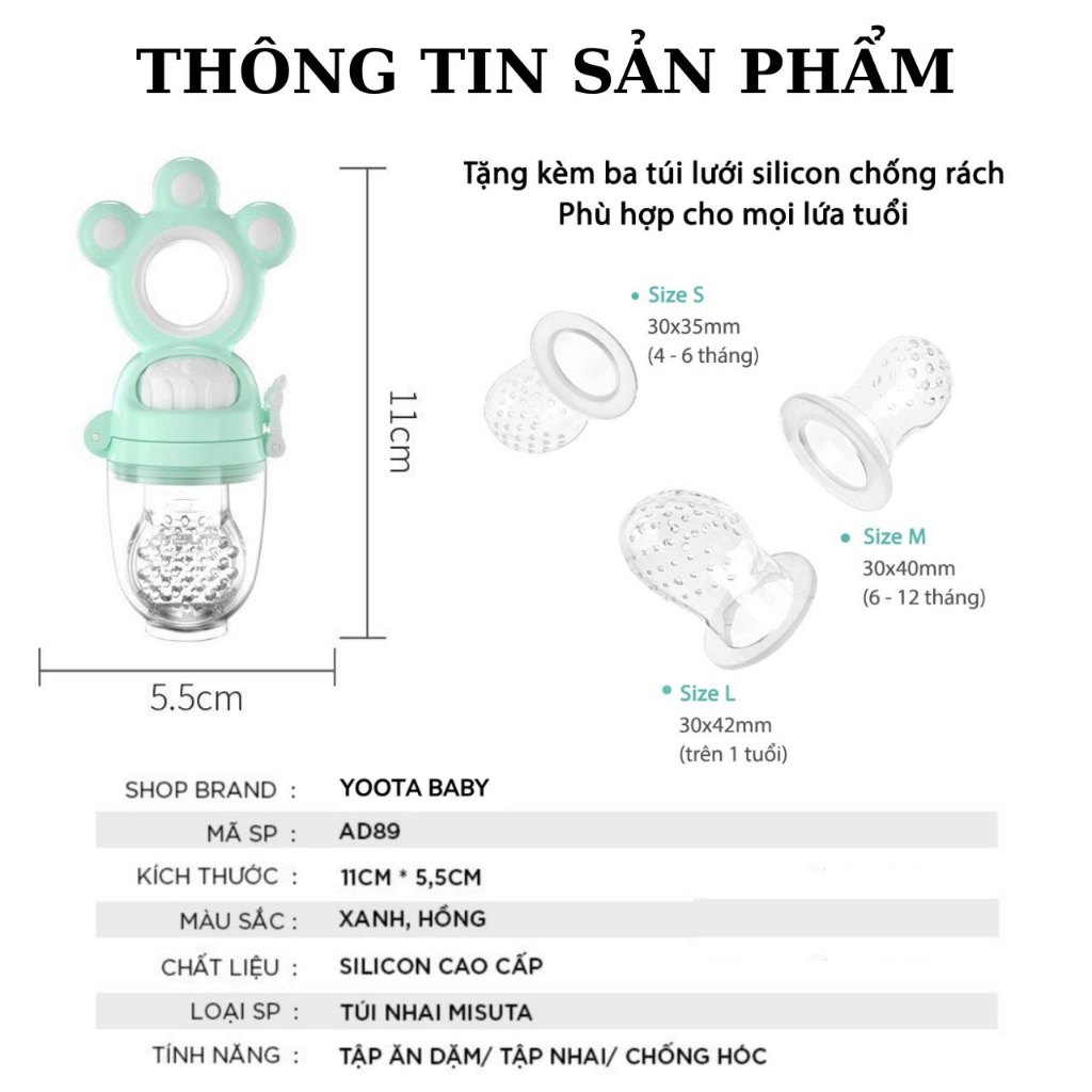 Túi Nhai Ăn Dặm, Núm Nhai Ăn Dặm Cho Bé Chống Hóc MISUTA 3 Size Chất Liệu Silicol An Toàn