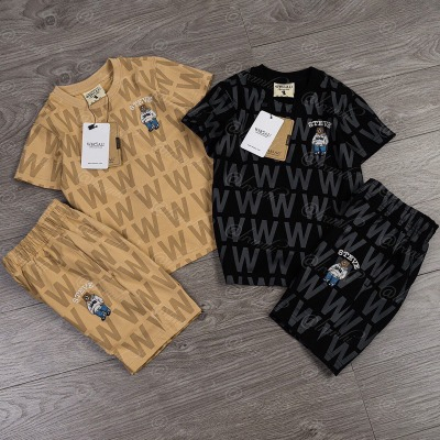 Bộ W thêu gấu 2 màu nâu đen cộc tay chất cotton cho bé trai