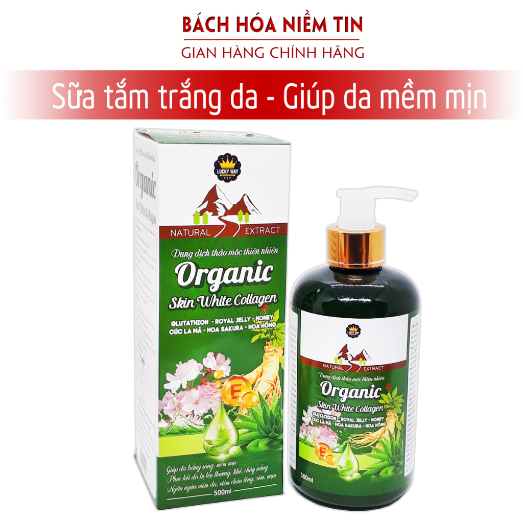 Sữa tắm thảo mộc Organic Skin White Collagen chiết xuất nụ tầm xuân, hoa sakura... giúp trắng da, mịn da chống lão hóa,-