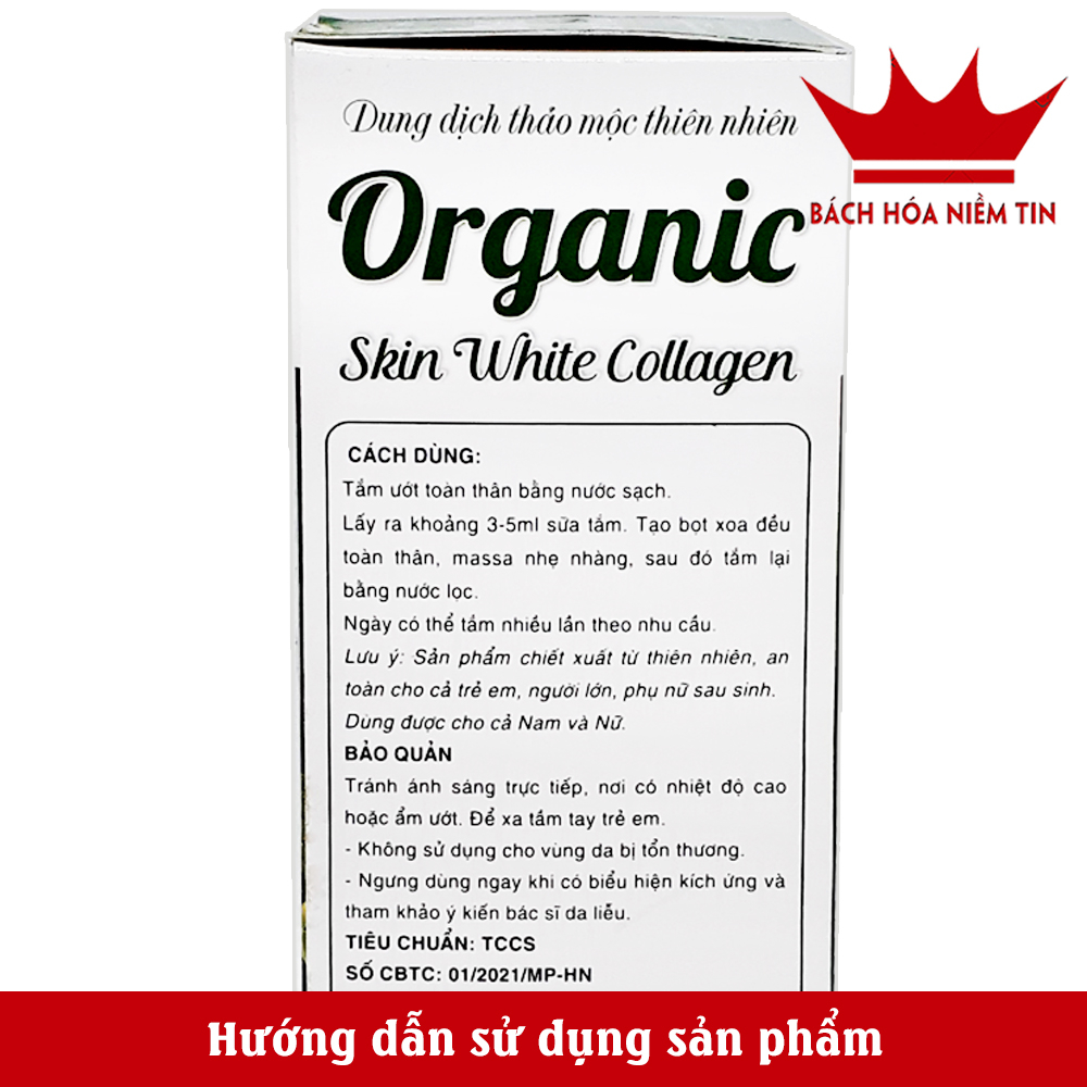 Sữa tắm thảo mộc Organic Skin White Collagen chiết xuất nụ tầm xuân, hoa sakura... giúp trắng da, mịn da chống lão hóa,-
